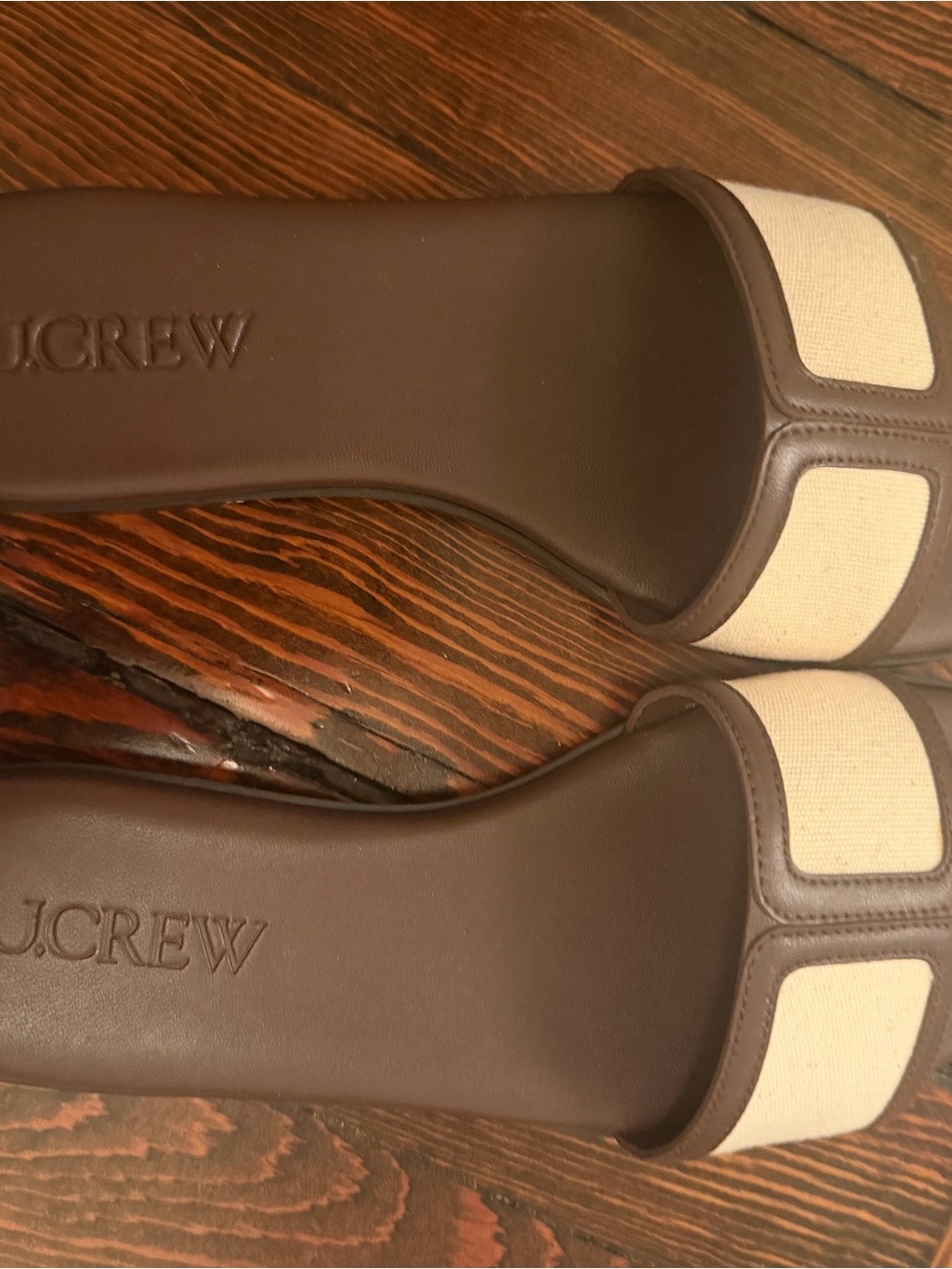 J. Crew Brown Leather and Cream Canvas Slide Sandals